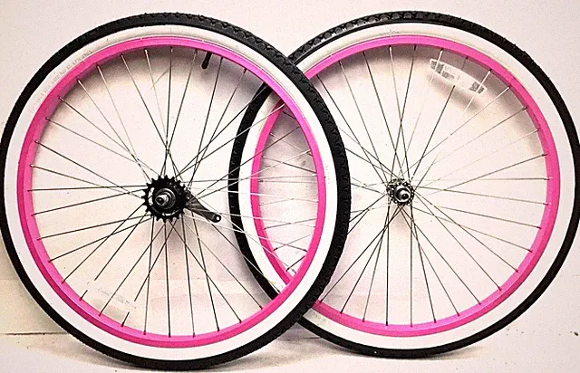 26" Bicycle Pink Wheel Set ALLOY 2.125" Whitewall Tires Beach Cruiser Bike #G66