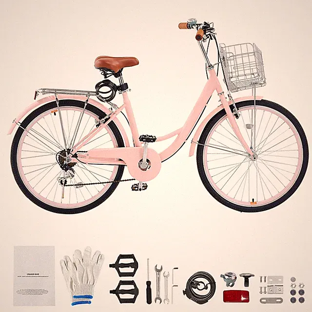26 Inch Ladies' Charleston Cruiser Bike 7-Speed Pink Beach City Bicycle w/Basket