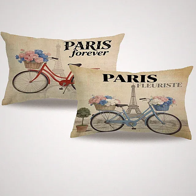 2Pack Bicycle Throw Pillow Cover Vintage Style with Tower/Flower Pattern Rect...
