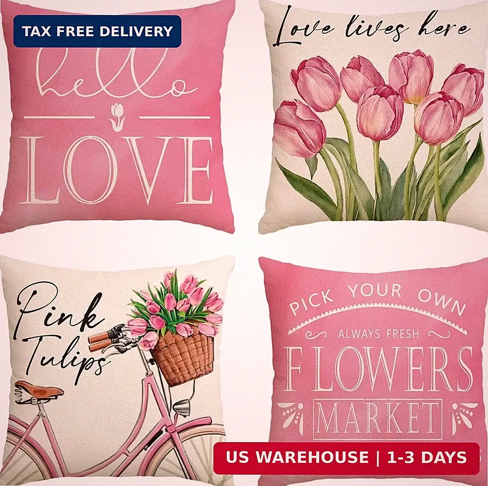 AVOIN colorlife Hello Love Pink Tulips Bicycle Throw Pillow Covers, 18 x 18 Inch