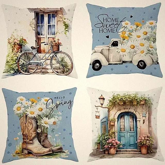 Beautiful Hello Spring Pillow Covers 18"x18" inch 4 PC SET Boots Bike Truck Home