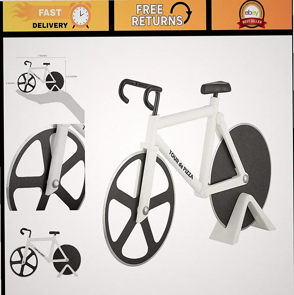 Bicycle Pizza Cutter with Stand - Fun Kitchen Gadget, Unique Gift Idea, White El