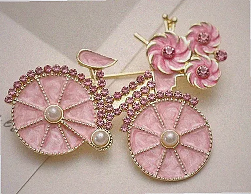 BROOCH-Pink Bicycle Brooch, Enamel, Faux Pearl, Rhinestone Accents, 1.9" x 1.6"