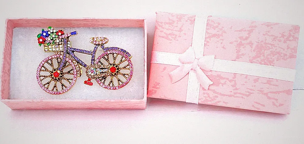 Colorful Rhinestone Pink Bicycle Brooch Pin Flower Basket Bike Jewelry Gift