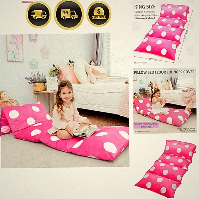 Floor Pillow Cover Lounger Bed Polka Pink King Size Indoor Plush Cushion