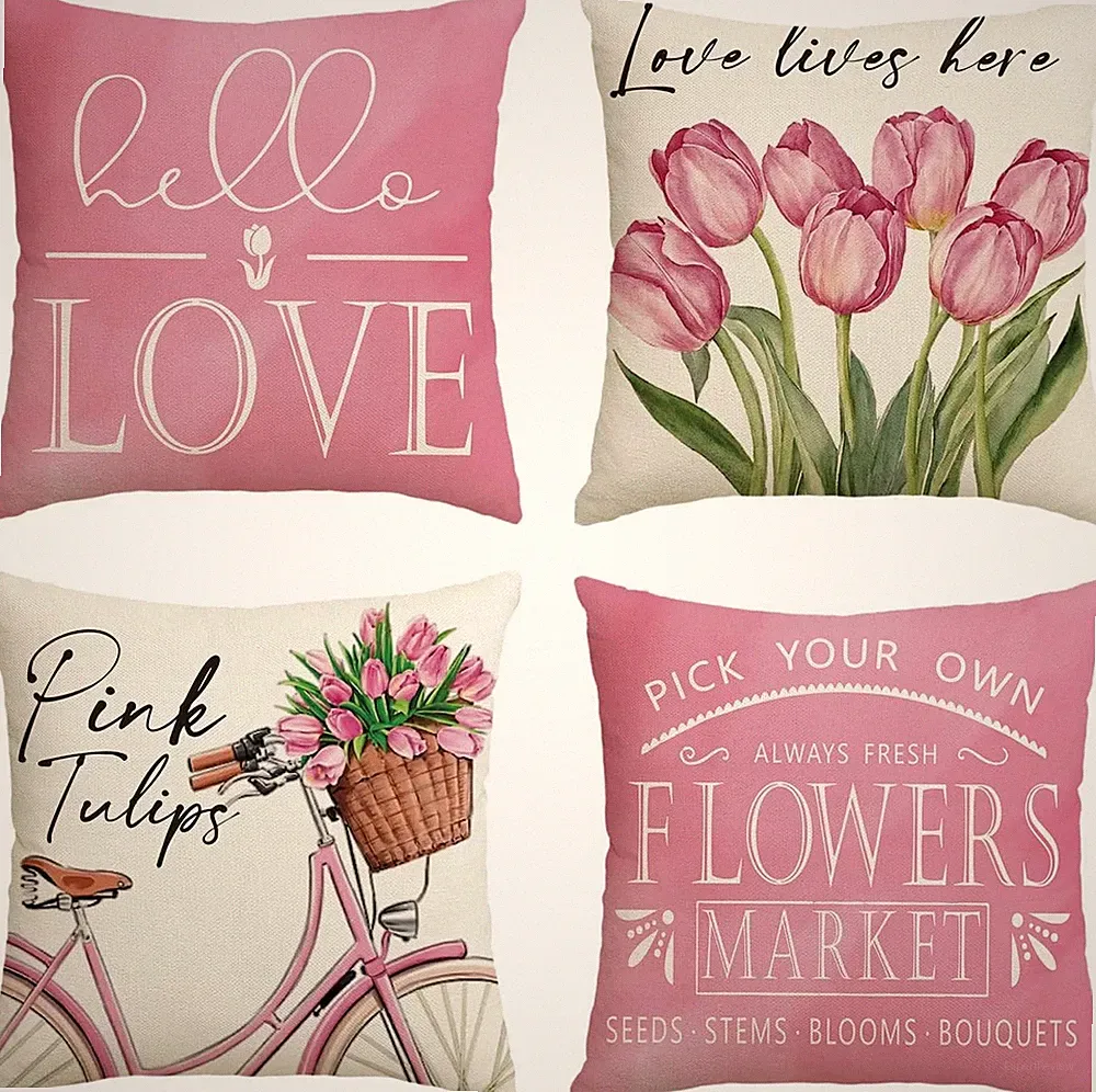 Hello Love Pink Tulips Bicycle Throw Pillow Covers, 18 x 18 Inch Flowers Spring