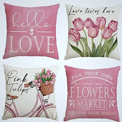 Hello Love Pink Tulips Bicycle Throw Pillow Covers, 18 x 18" x 18" (Pack of 4)