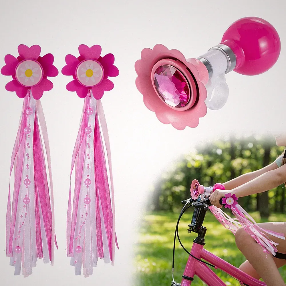 Kids Bike Horn Bell 2 Pack Handle Streamers Pink Bicycle Accessories Set