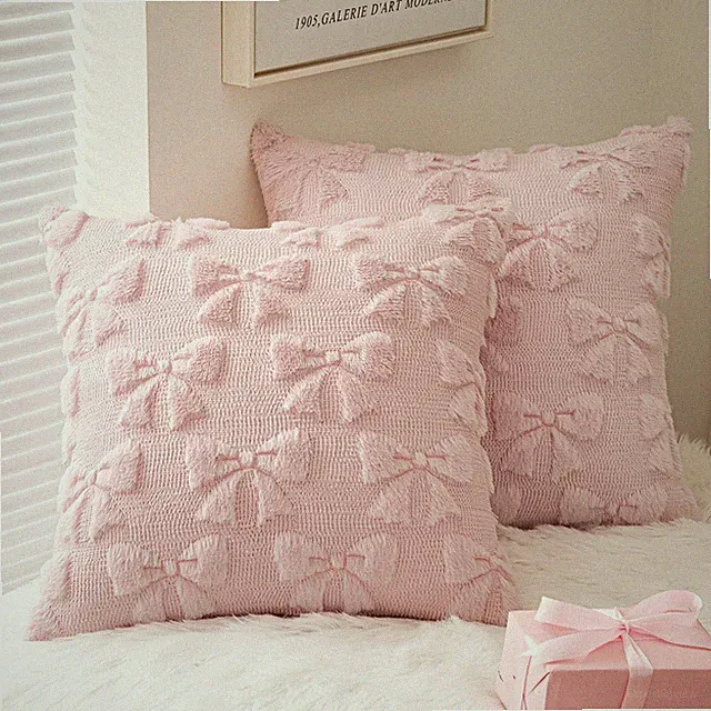 Light Pink Bow Pillow Covers Set of 2 Faux Plush 18x18 Inch Girl Bedroom Decor