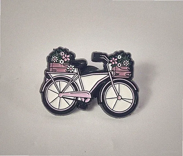 Metal Enamel Lapel Pin Pinback Pink Bicycle Flower Basket Flowers Cute