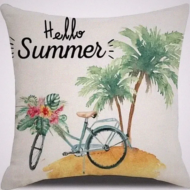 NEW LINEN BLEND "HELLO SUMMER" VINTAGE BICYCLE PALM TREES PILLOW COVER 17.7"