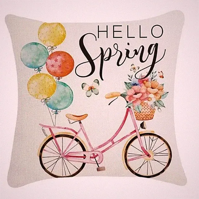 NEW SPRING/EASTER HELLO SPRING PINK VTG BICYCLE FLORAL LINEN PILLOW COVER 17.7"