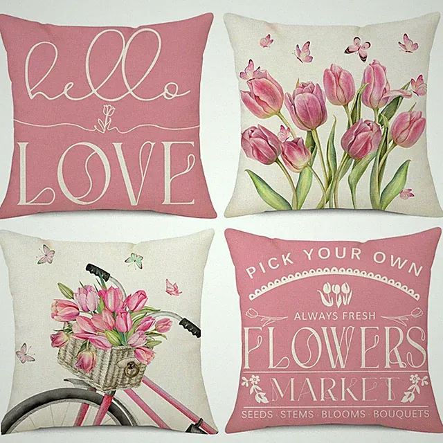 NIGHTWISH Spring Pillow Covers 18x18 Set of 4 Pink Tulips Bicycle Butterfly S...