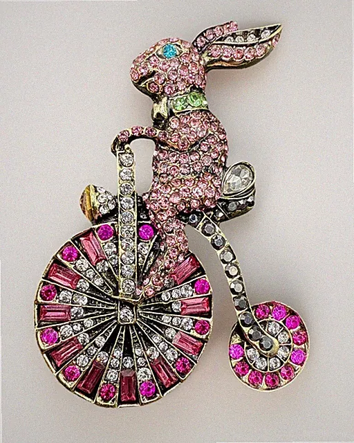 Rabbit On Bicycle Brooch Pin Pink Rhinestone J99