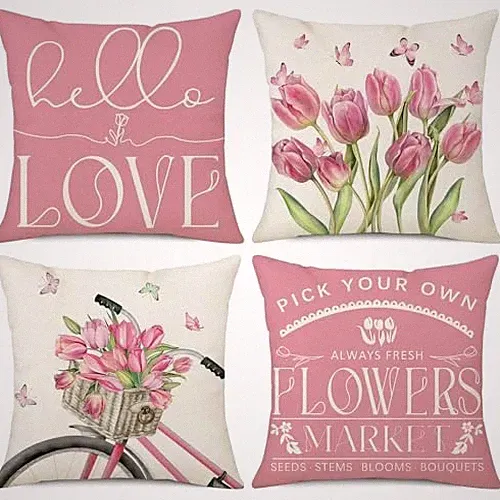 Spring Pillow Covers 18x18 Set of 4 Pink Tulips Bicycle 18" x 18" (Pack of 4)