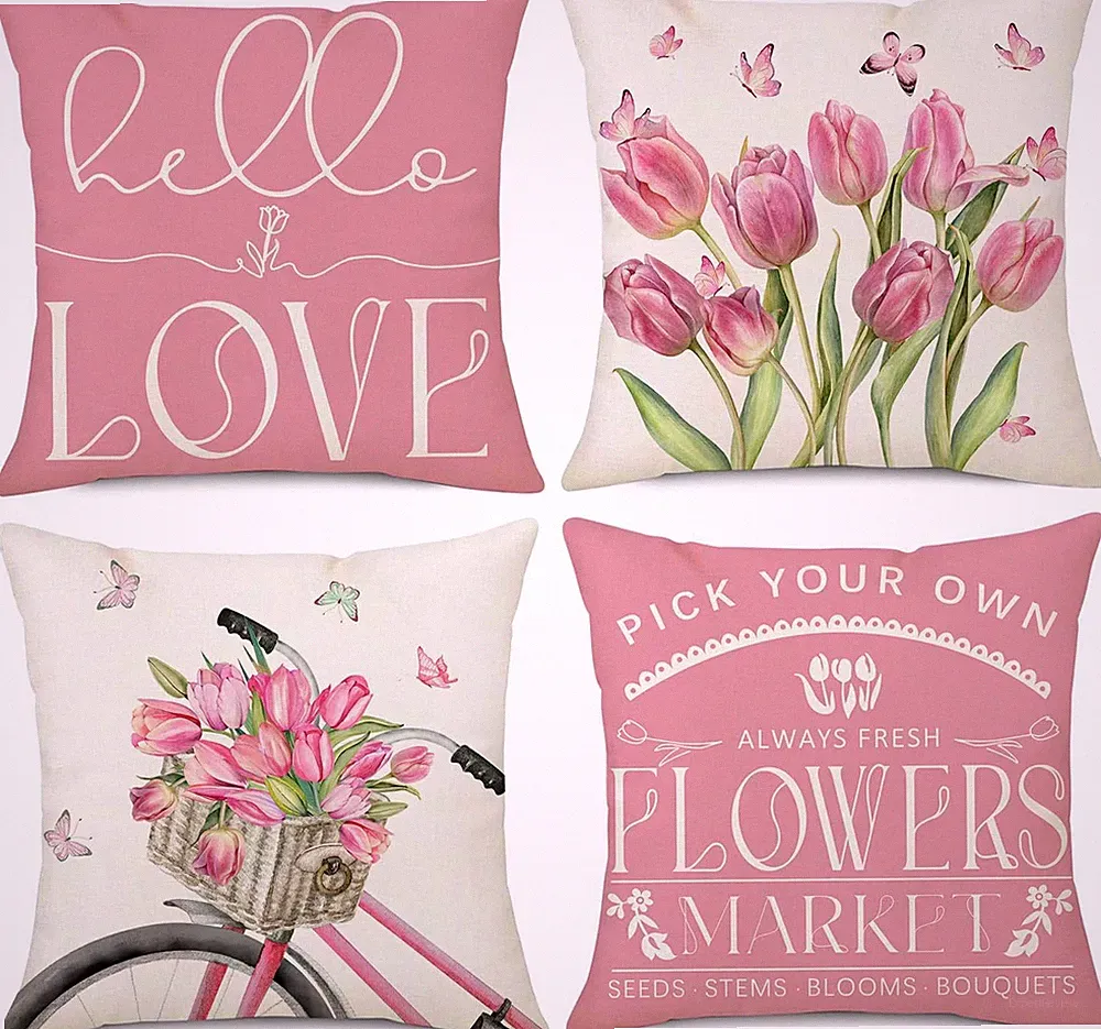 Spring Pillow Covers 18X18 Set of 4 Pink Tulips Bicycle Butterfly Spring Decorat