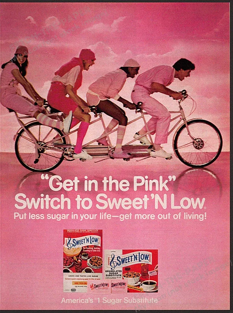 Sweet 'N Low 1980s Print Advertisement 1981 Riding Tandem Bicycle "Get in Pink"