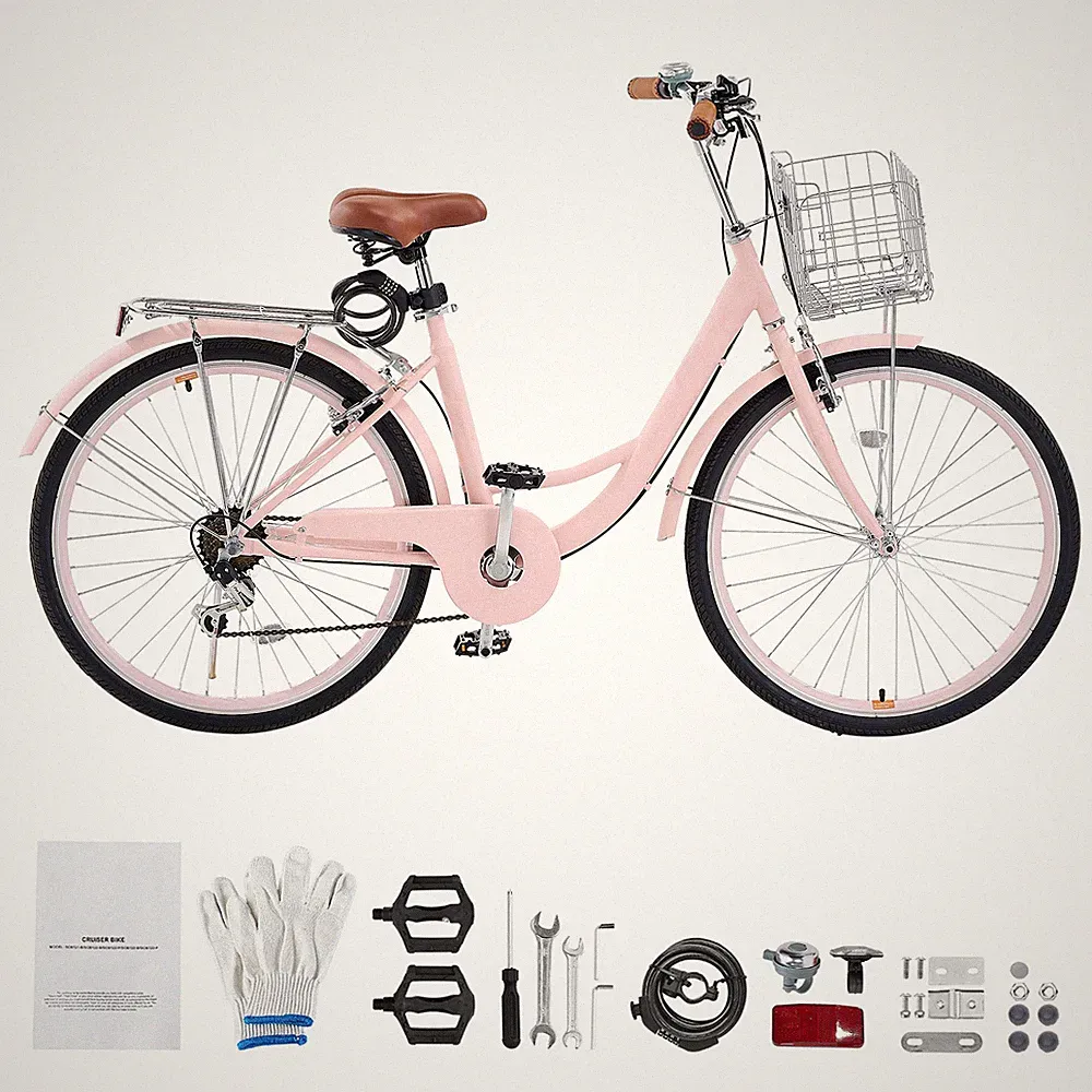 Uimoso 26-Inch 7-Speed Pink Cruiser Bicycle with Basket for Beach Rides