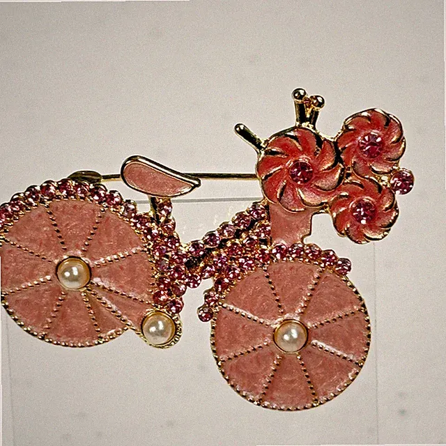 Vintage Brooch Pink Enamel Bicycle Rhinestone Faux Pearl Gold Tone Figural Bike