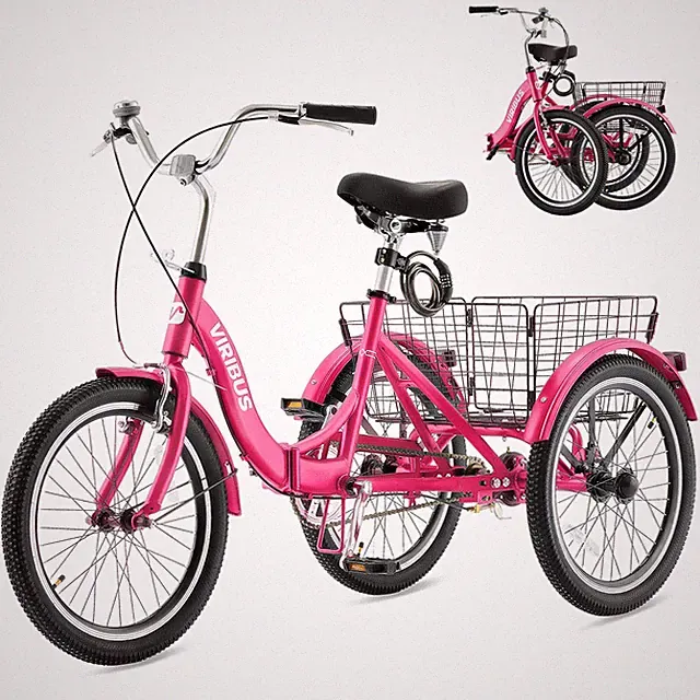 VIRIBUS 20'' Folding Tricycle Single Speed 3-Wheel Cruiser Bike w/ Basket Pink