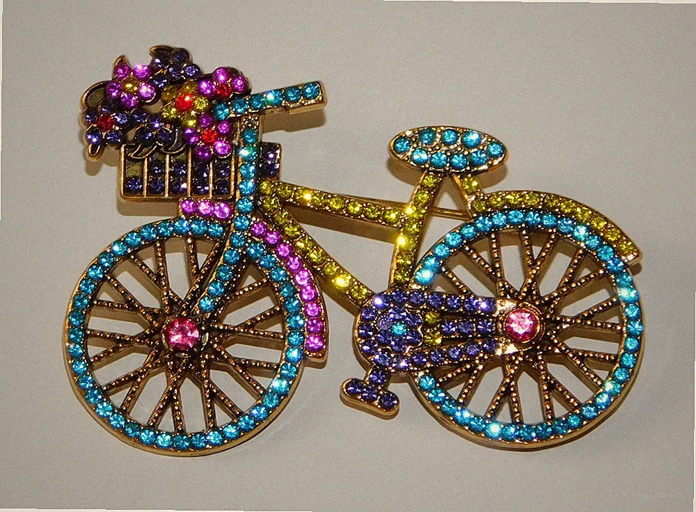 YELLOW PINK BLUE GOLD TONE VIBRANT RHINESTONE BICYCLE BROOCH BIKE PIN FLOWERS